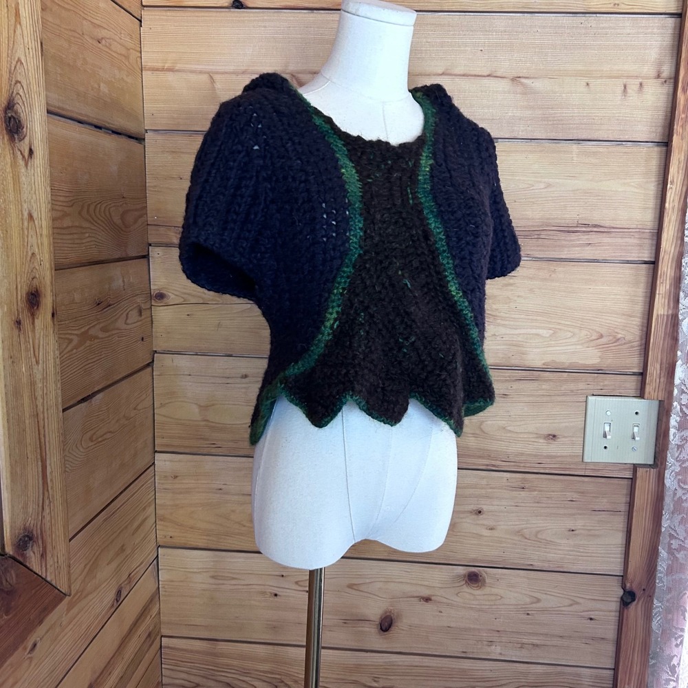 Crochet Pixie Hooded Vest Womens Large Forest Green Brown Spiral Motif Handmade